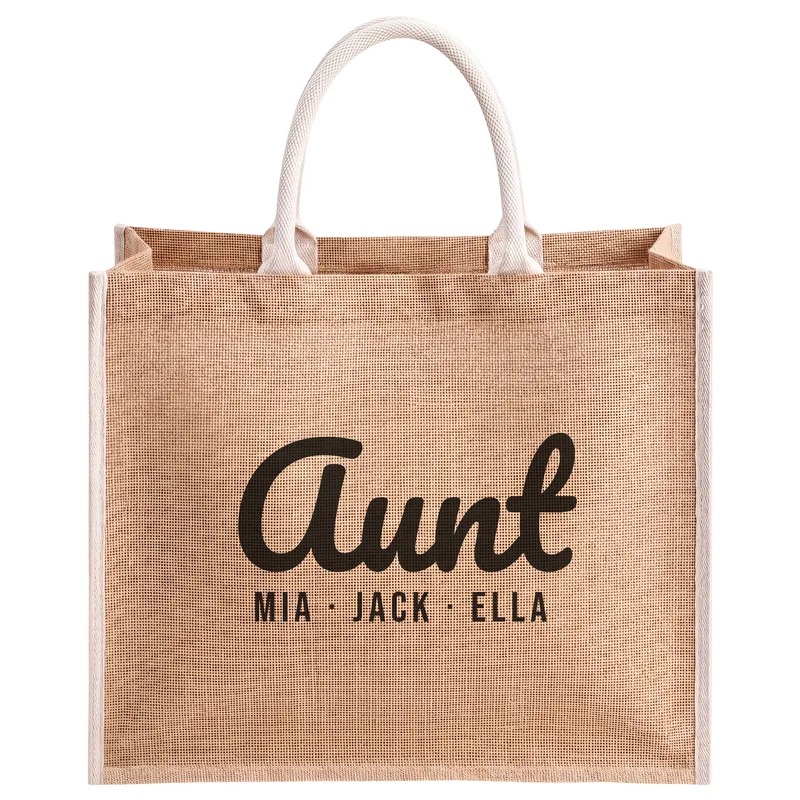 Aunt with Mia, Jack and Ella, printed on a natural jute tote bag