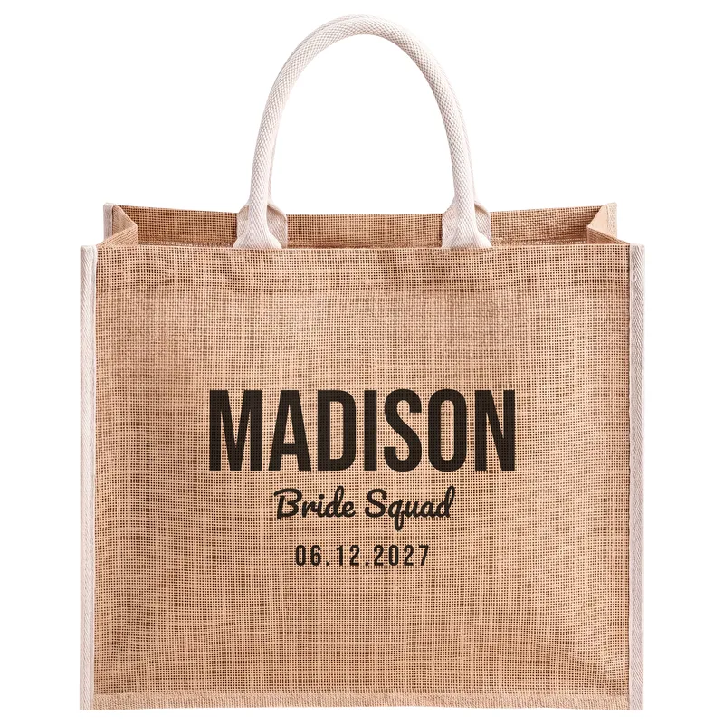 Madison, Bride Squad, 06.12.2027, printed on a natural jute tote bag