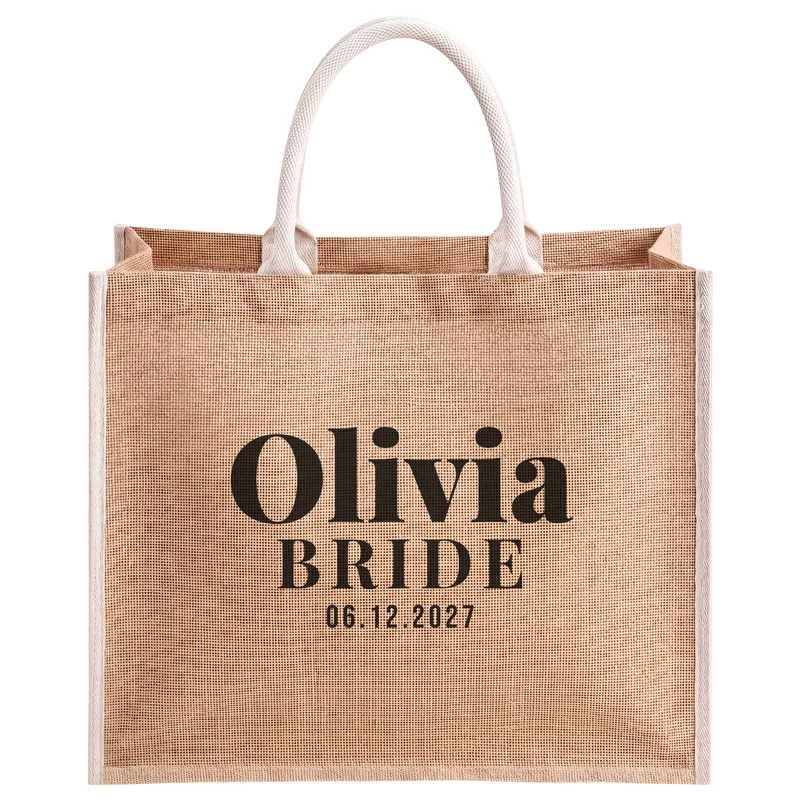 Olivia, Bride, 06.12.2027, printed on a natural jute tote bag