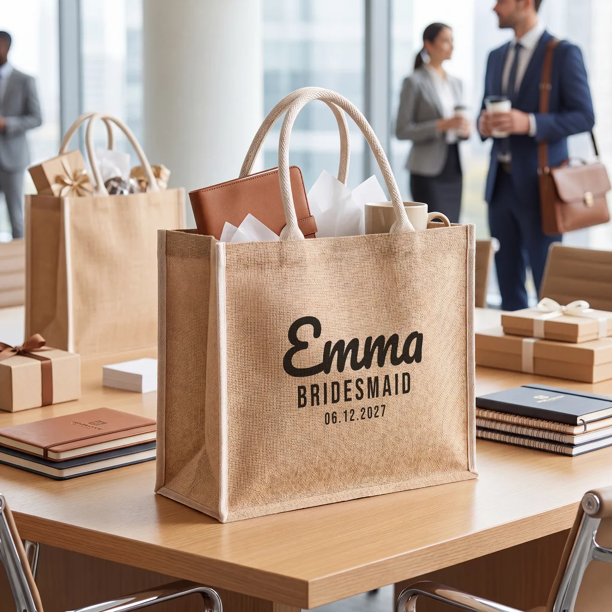 Emma, Bridesmaid, 06.12.2027, printed on a jute tote bag on a table