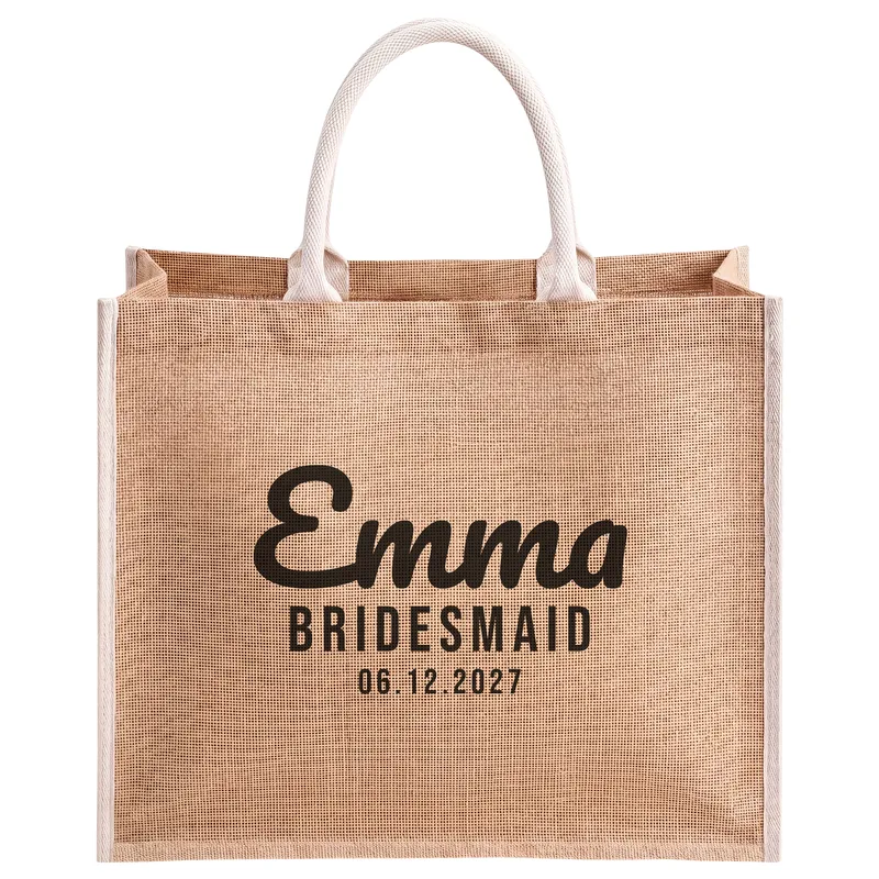 Emma, Bridesmaid, 06.12.2027, printed on a natural jute tote bag