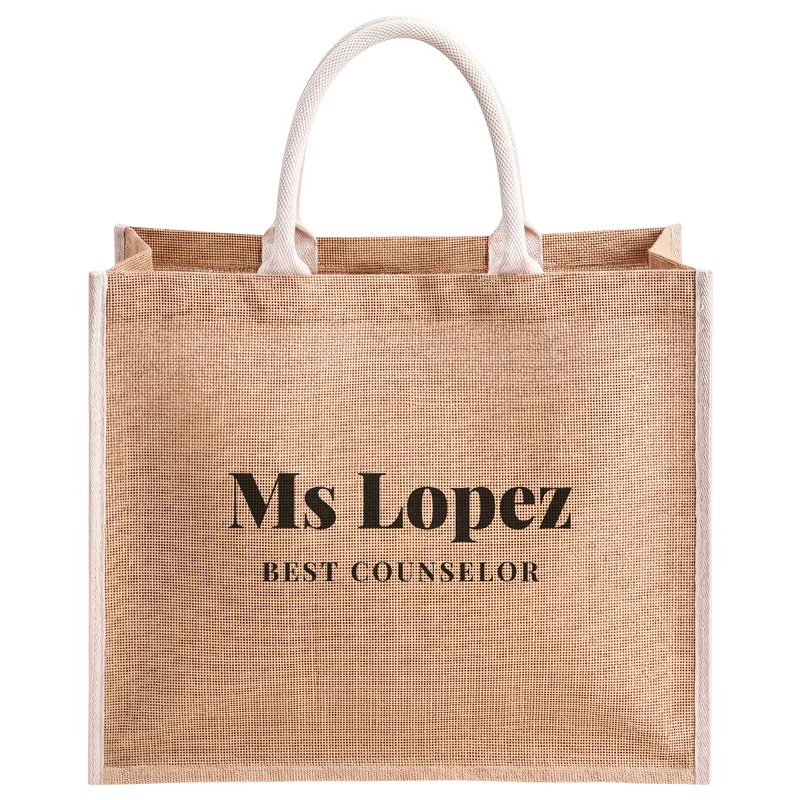 Ms Lopez, Best Counselor, printed on a natural jute tote bag