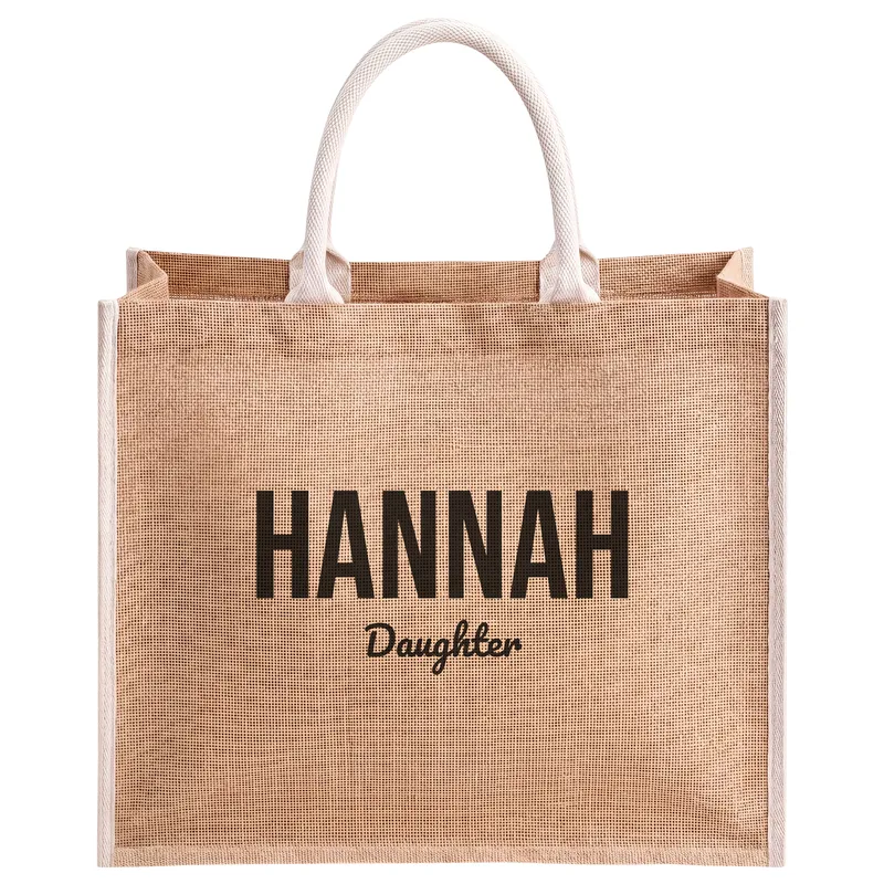 Hannah, Daughter, printed on a natural jute tote bag