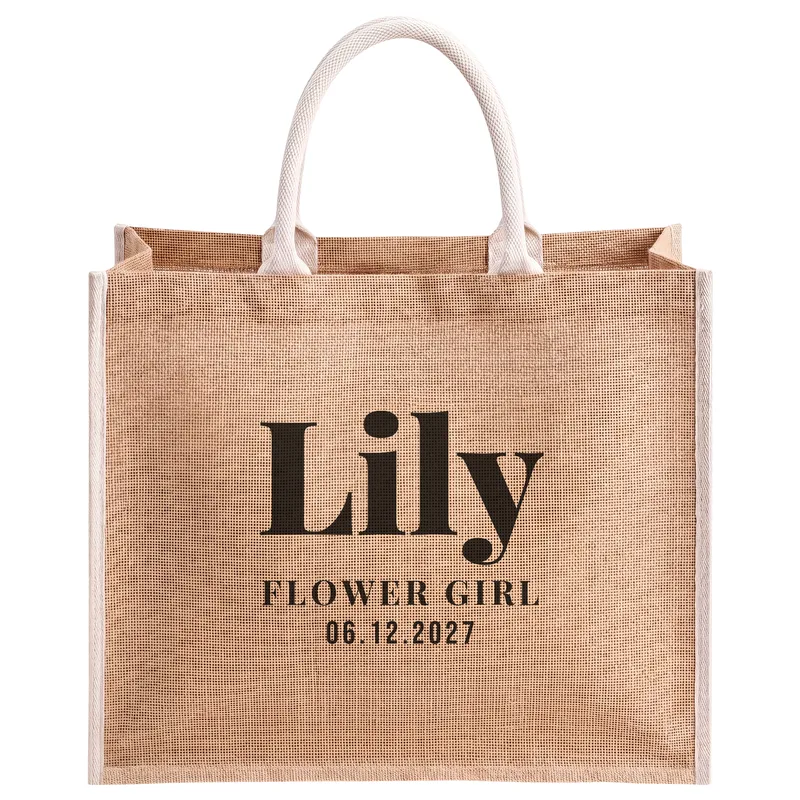 Lily, Flower Girl, 06.12.2027, printed on a natural jute tote bag
