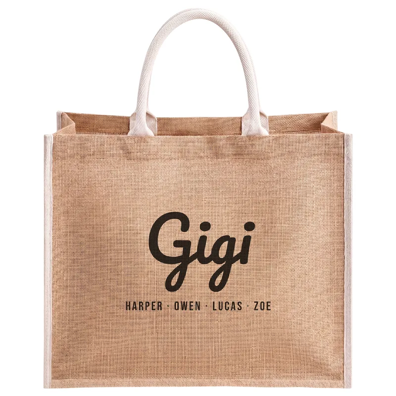 Gigi with Harper, Owen, Lucas and Zoe, printed on a natural jute tote bag