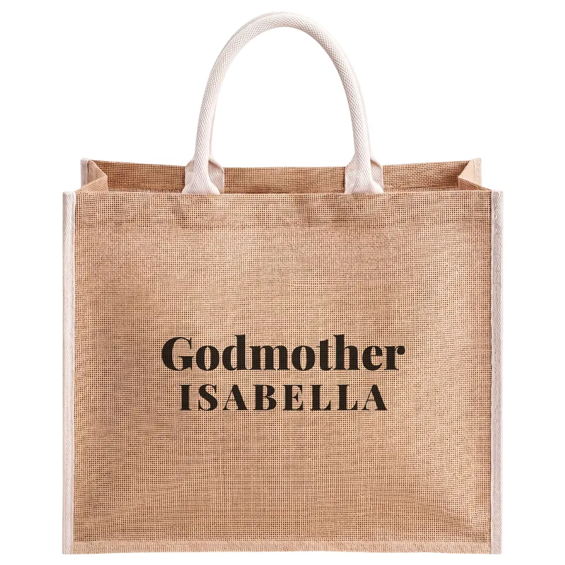 Godmother with Isabella, printed on a natural jute tote bag