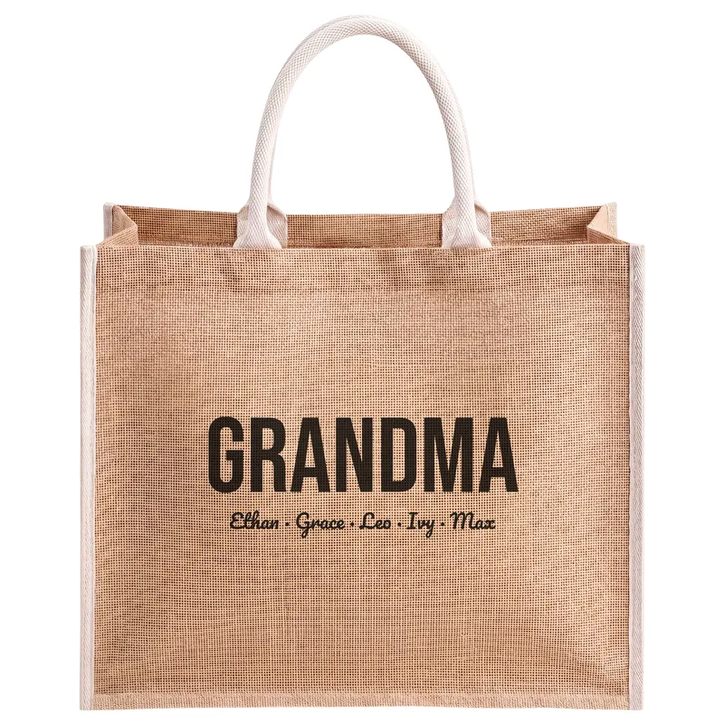 Grandma with Ethan, Grace, Leo, Ivy and Max, printed on a natural jute tote bag