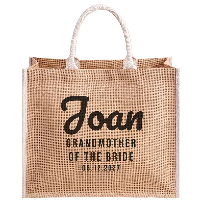 Joan, Grandmother of the Bride, 06.12.2027, printed on a natural jute tote bag