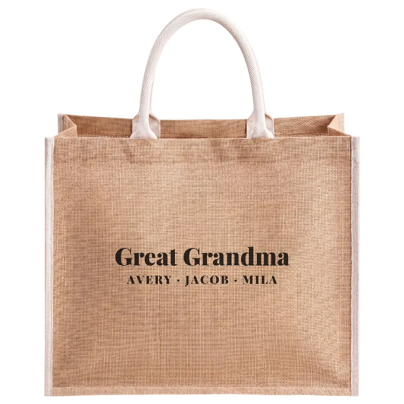 Great Grandma with Avery, Jacob and Mila, printed on a natural jute tote bag