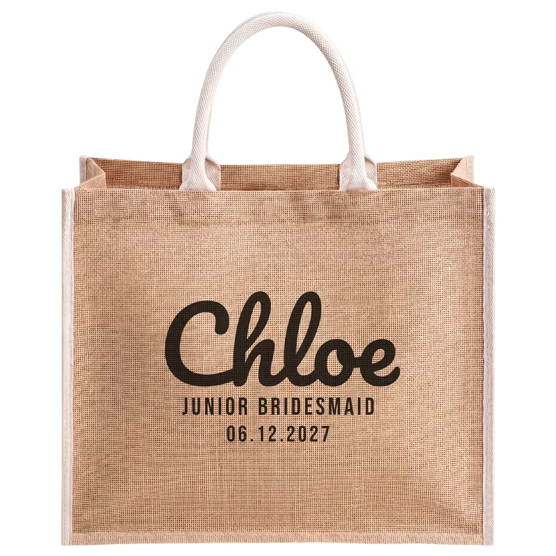 Chloe, Junior Bridesmaid, 06.12.2027, printed on a natural jute tote bag