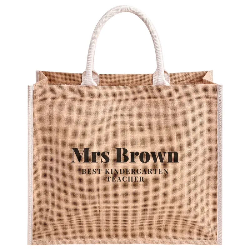 Mrs Brown, Best Kindergarten Teacher, printed on a natural jute tote bag