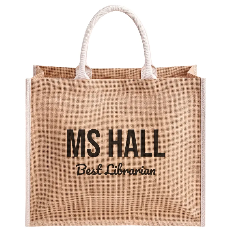 Ms Hall, Best Librarian, printed on a natural jute tote bag