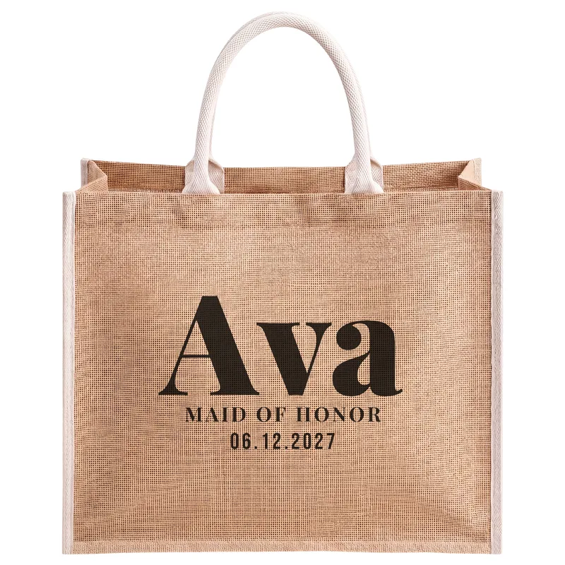Ava, Maid of Honor, 06.12.2027, printed on a natural jute tote bag