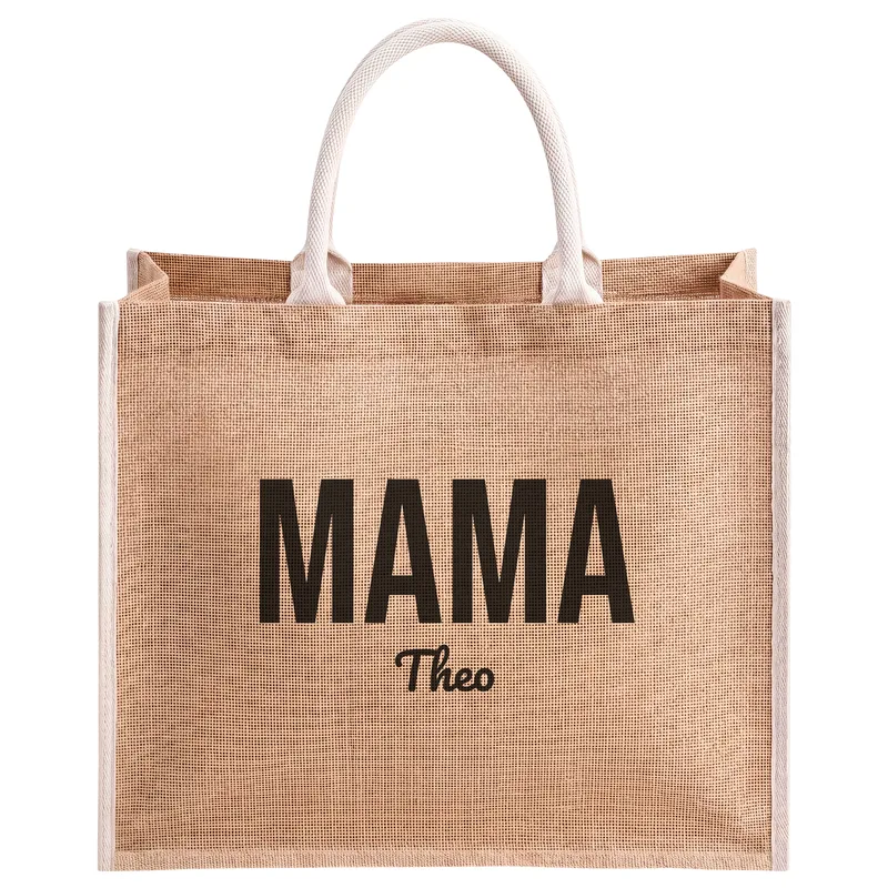 Mama with Theo, printed on a natural jute tote bag