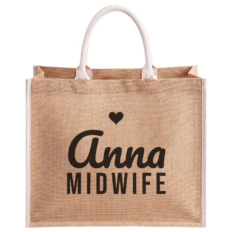 Anna, Midwife, printed on a natural jute tote bag