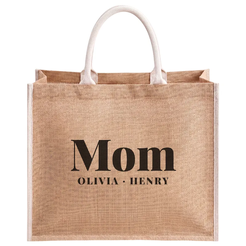 Mom with Olivia and Henry, printed on a natural jute tote bag