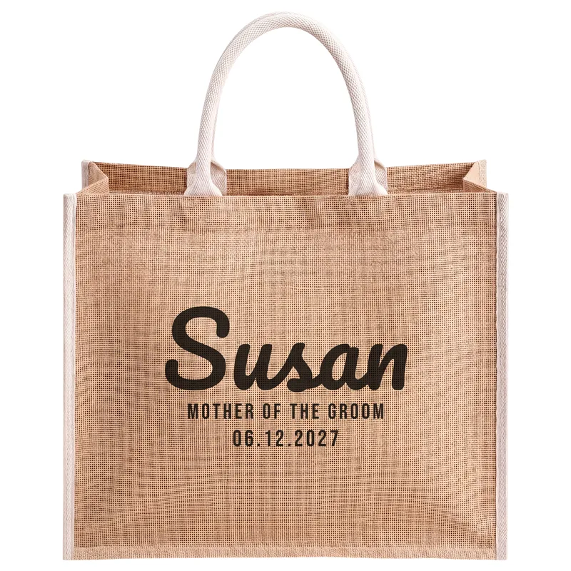 Susan, Mother of the Groom, 06.12.2027, printed on a natural jute tote bag