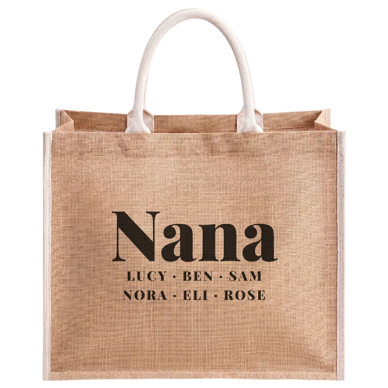 Nana with Lucy, Ben, Sam, Nora, Eli and Rose, printed on a natural jute tote bag