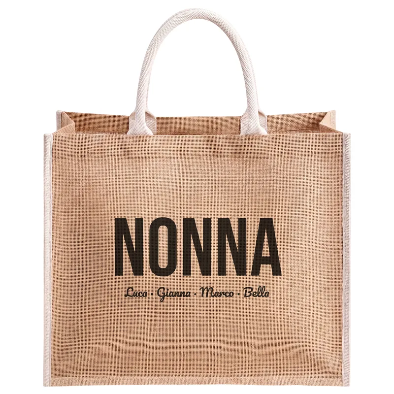 Nonna with Luca, Gianna, Marco and Bella, printed on a natural jute tote bag