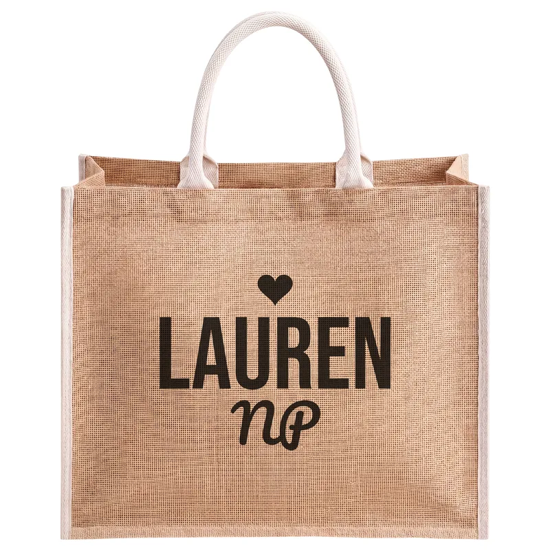 Lauren, NP, printed on a natural jute tote bag