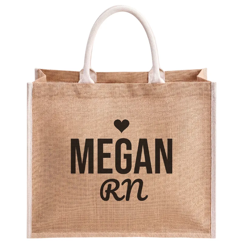 Megan, RN, printed on a natural jute tote bag