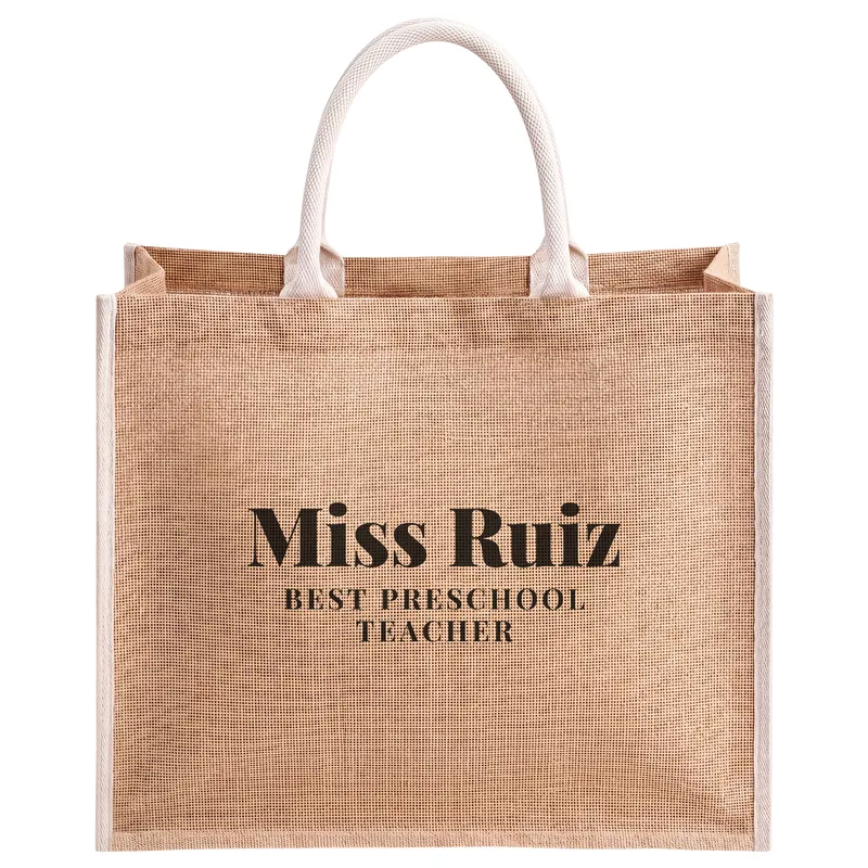 Miss Ruiz, Best Preschool Teacher, printed on a natural jute tote bag