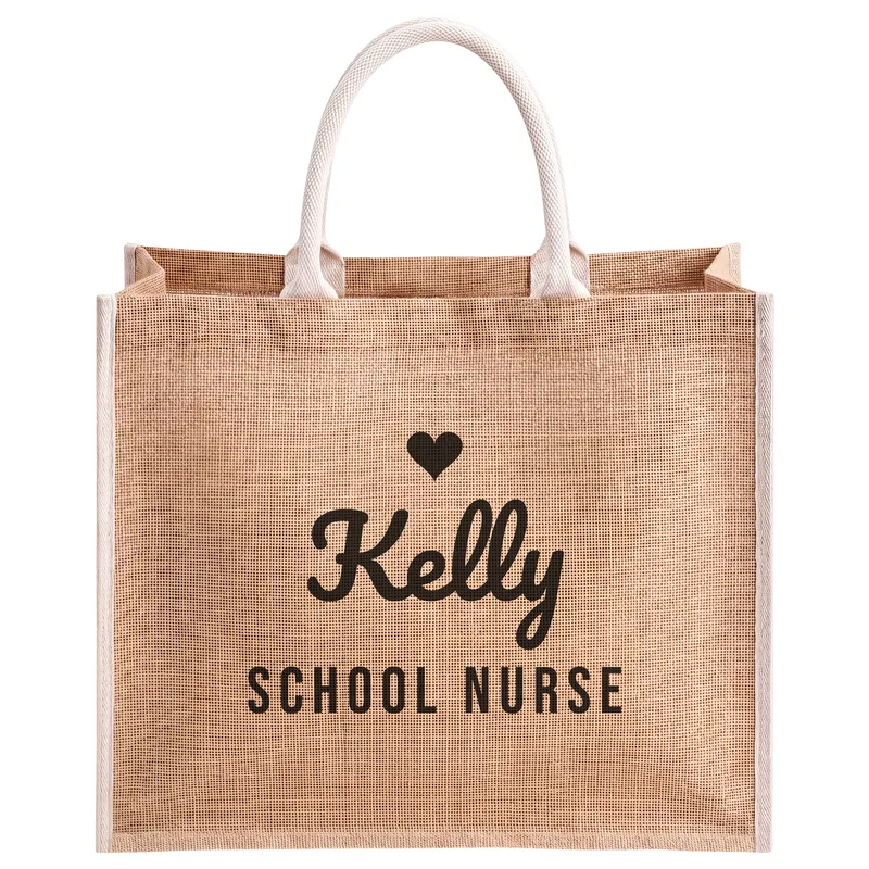 Kelly, School Nurse, printed on a natural jute tote bag