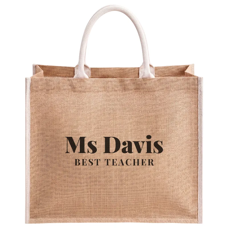 Ms Davis, Best Teacher, printed on a natural jute tote bag