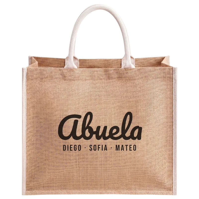 Abuela with Diego, Sofia and Mateo, printed on a natural jute tote bag