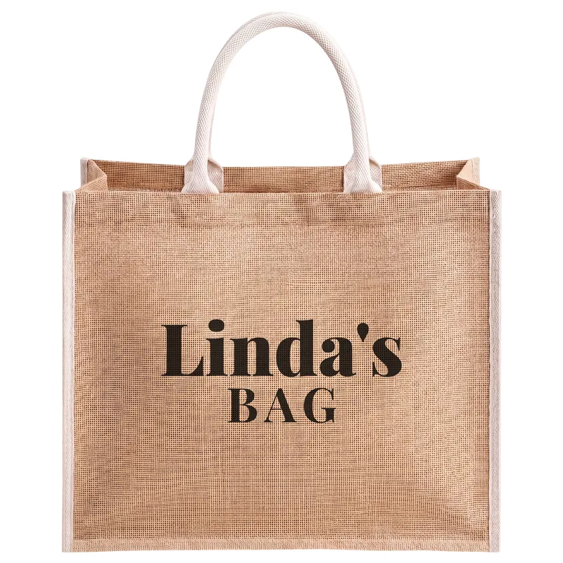 Linda's bag!, printed on a natural jute tote bag