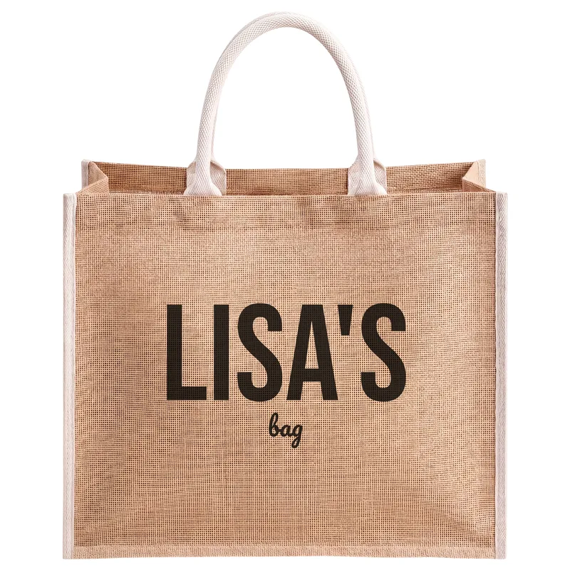 Lisa's bag!, printed on a natural jute tote bag