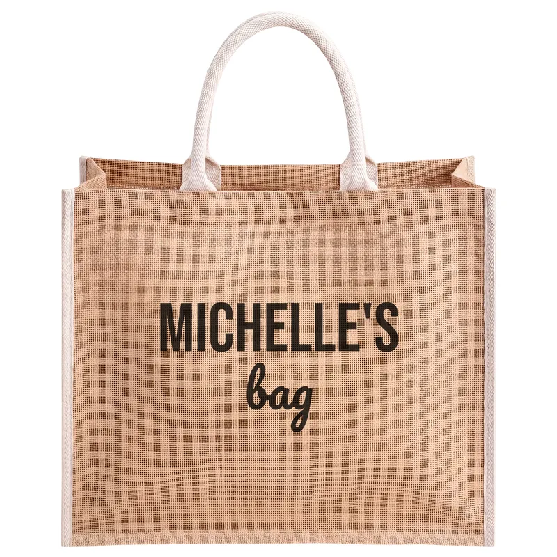 Michelle's bag, printed on a natural jute tote bag