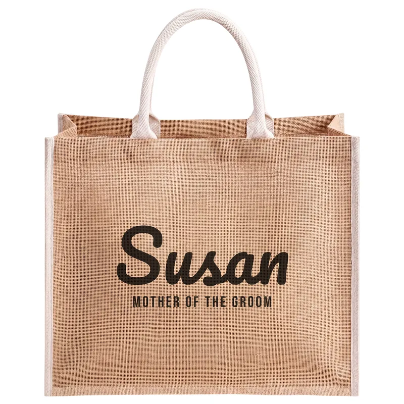 Susan, Mother of the Groom, printed on a natural jute tote bag