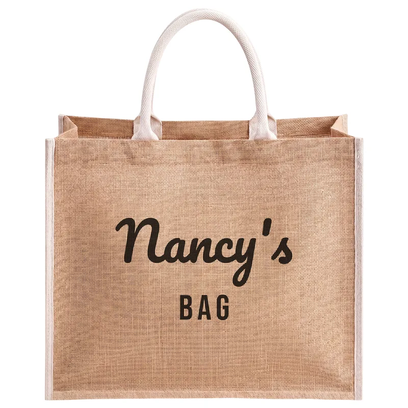 Nancy's bag, printed on a natural jute tote bag
