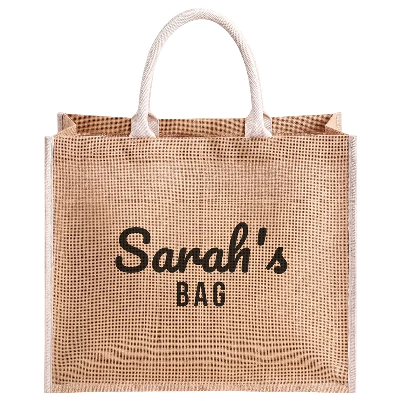 Sarah's bag, printed on a natural jute tote bag