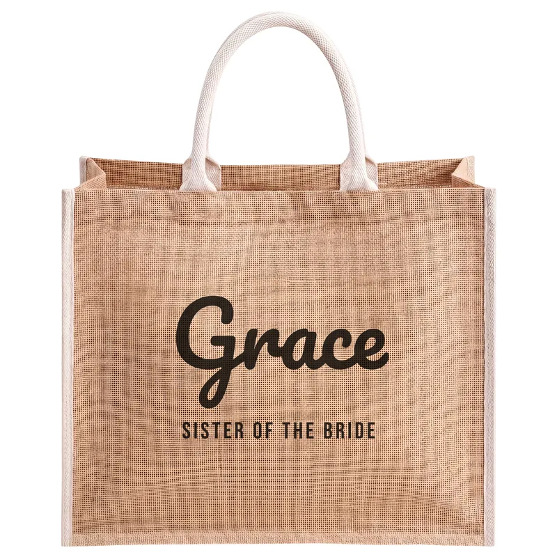 Grace, Sister of the Bride, printed on a natural jute tote bag