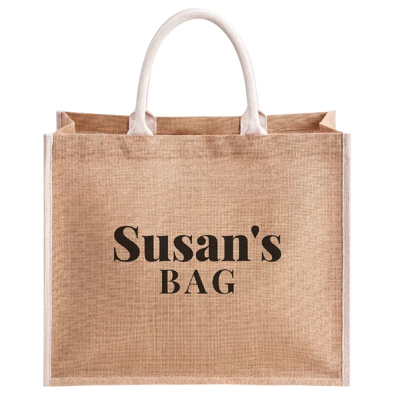 Susan's bag, printed on a natural jute tote bag